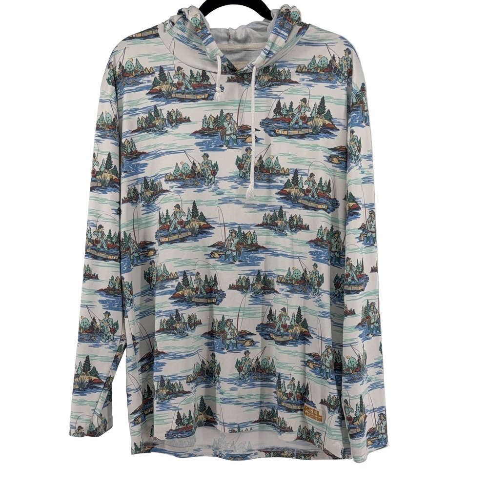 Reel Obsession Fishing Pattern Long Sleeve Hoodie XXL Polyester Off-White